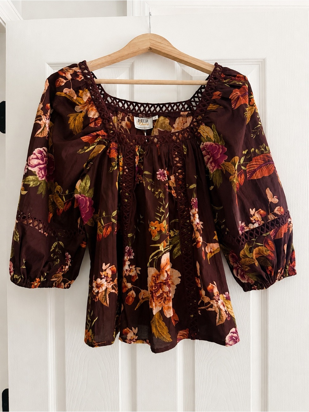 HER Destiny Women’s L Floral Peasant Blouse 100% Cotton Boho Balloon Sleeves